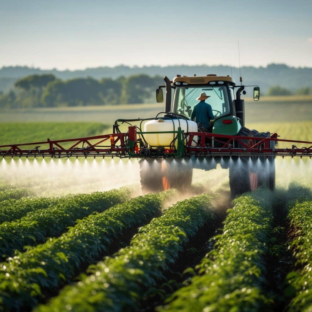 Agricultor aplicando defensivo químico para controle de pragas na lavoura