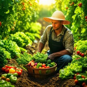 Agricultor colhendo legumes em uma horta agroecológica.