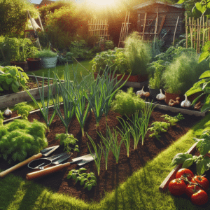 Horta com plantas companheiras, como alho e tomate