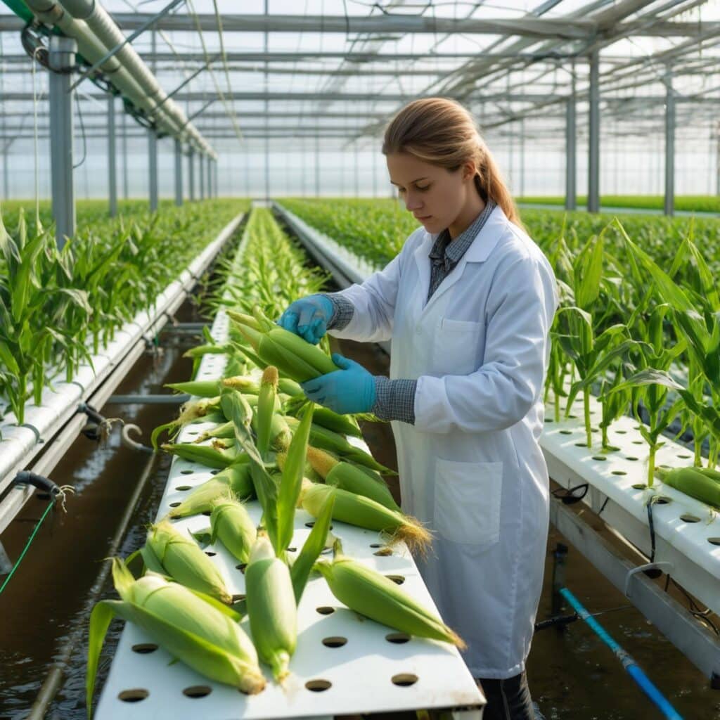 Pessoa colhendo espigas de milho hidropônico em uma estufa, demonstrando a praticidade do cultivo.