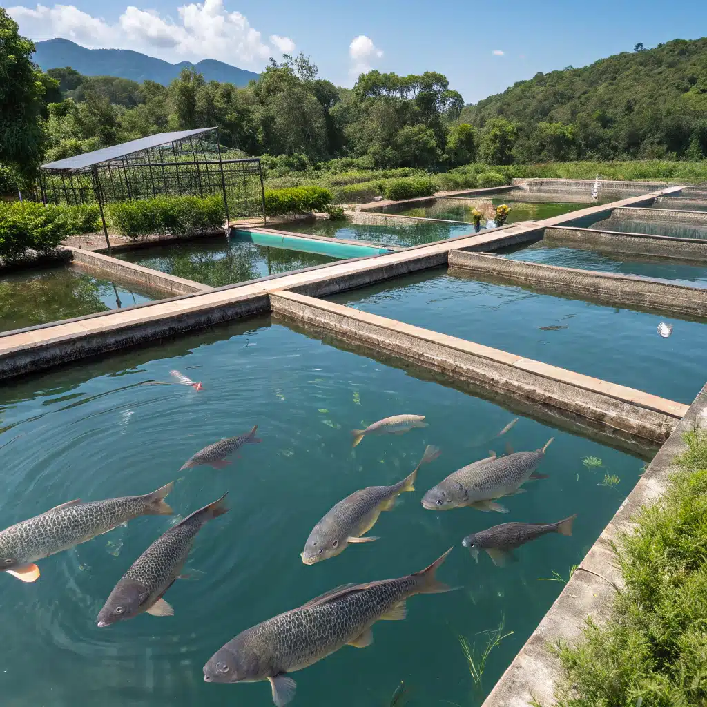 Tanque de criação de Tilápia do Nilo, mostrando peixes saudáveis e água limpa.