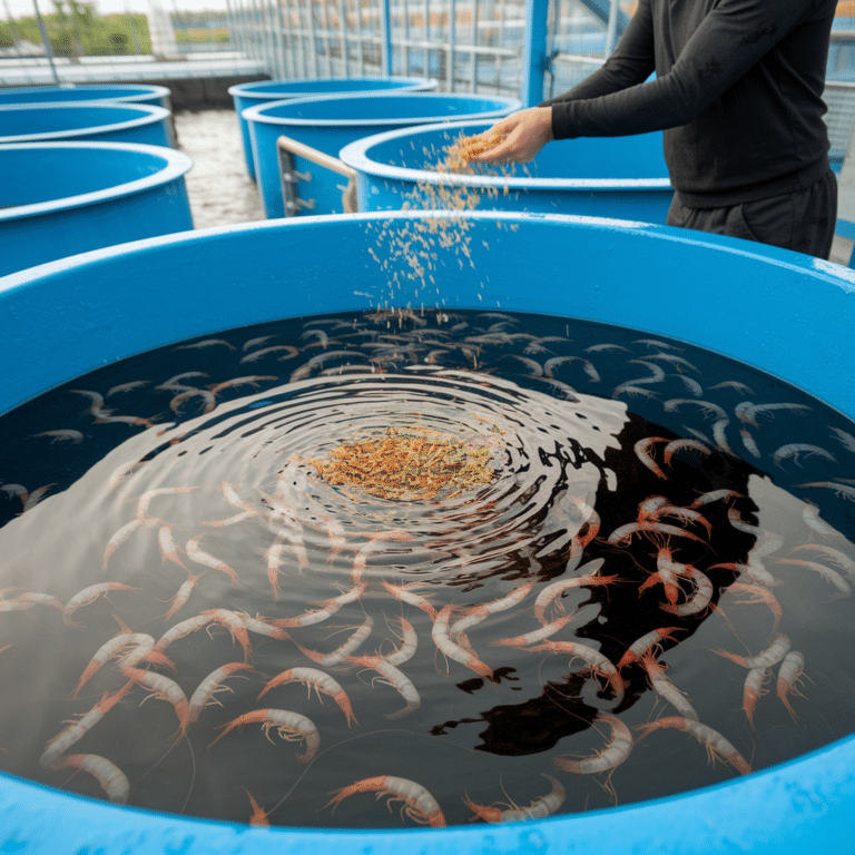 tanque pequeno circular para Criação de Camarão de Água Doce. coloca uma imagem um pouco longe uma pessoa jogando comida
