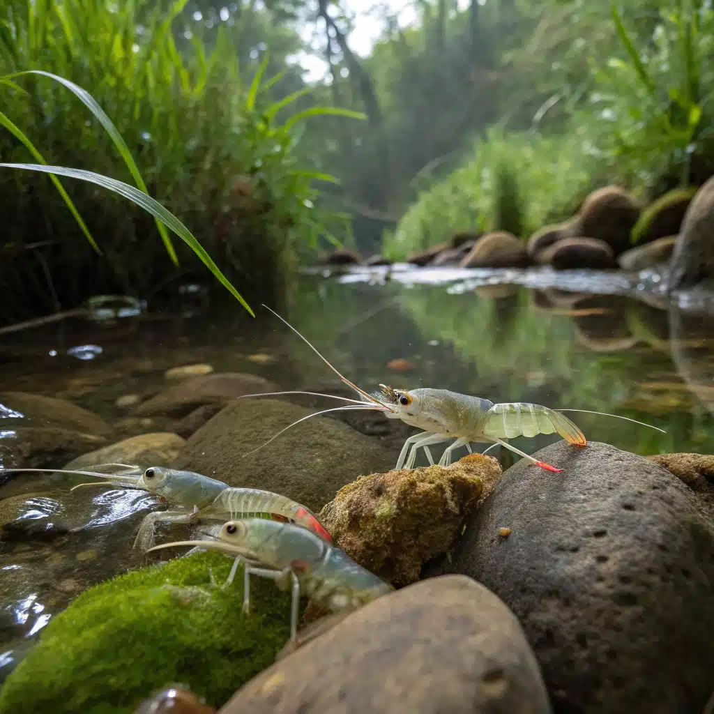 Grupo de camarões de rio forrageando no ambiente natural - comportamento alimentar típico.