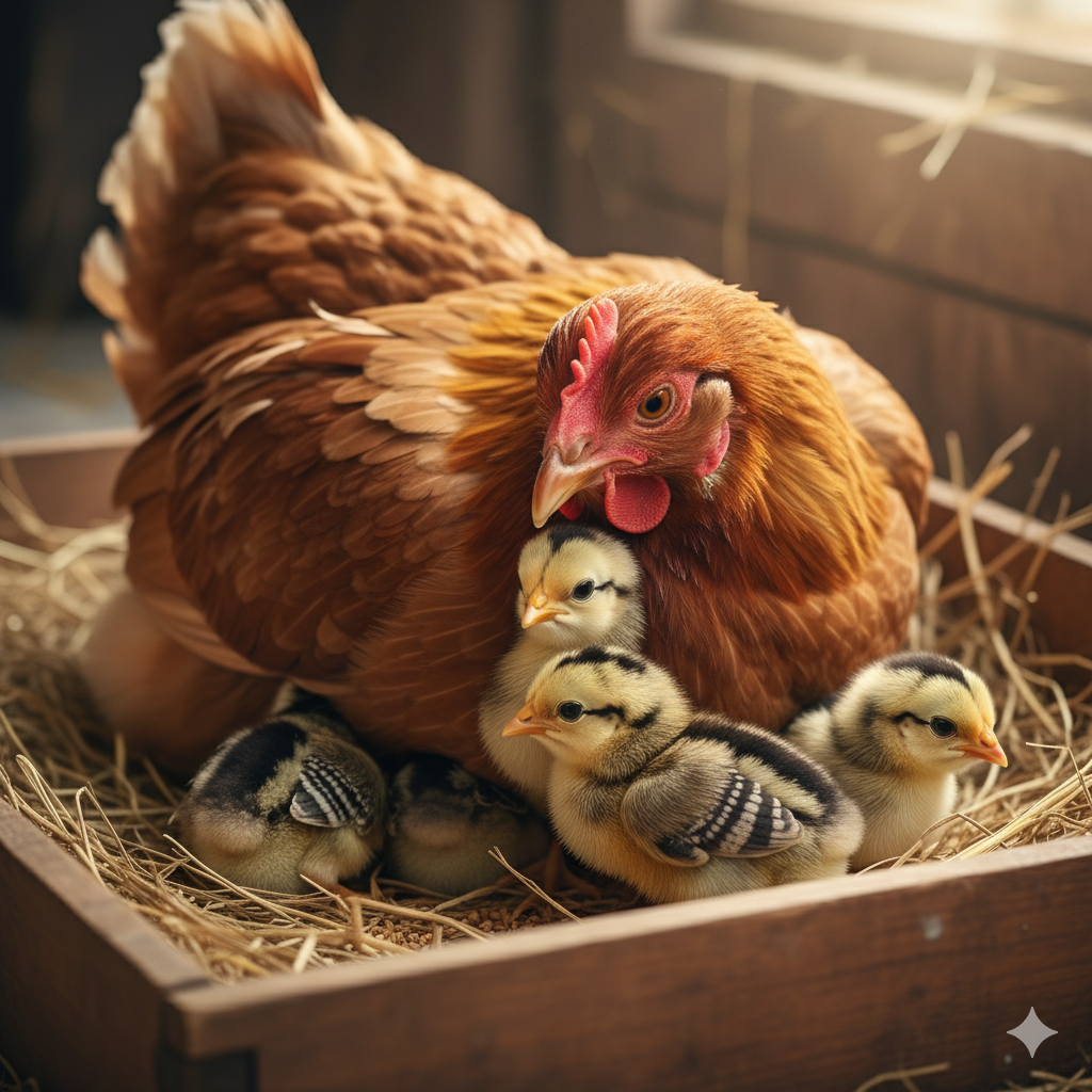 galinha choca cuidando de pintinhos recém-nascidos